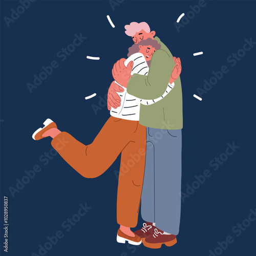 Cartoon vector illustration of a man and woman hugging over dark background