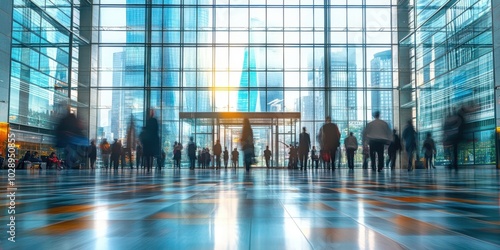 Busy Urban Scene with Blurred Diverse Crowd Inside Modern Glass Office Building