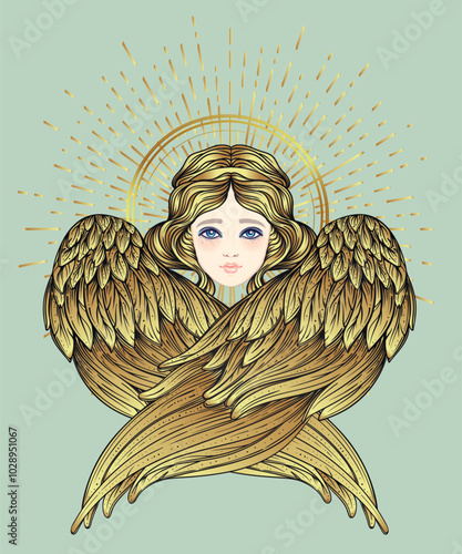 Sirin, Alkonost, Gamayun mythological creature of Russian legends. Angel girl with wings. Isolated hand drawn vector illustration. Trendy Vintage style element. Spirituality, occultism, alchemy, magic