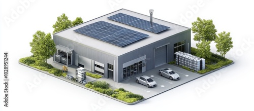 Modern Industrial Warehouse with Solar Panels and Electric Cars in Eco-Friendly Setting