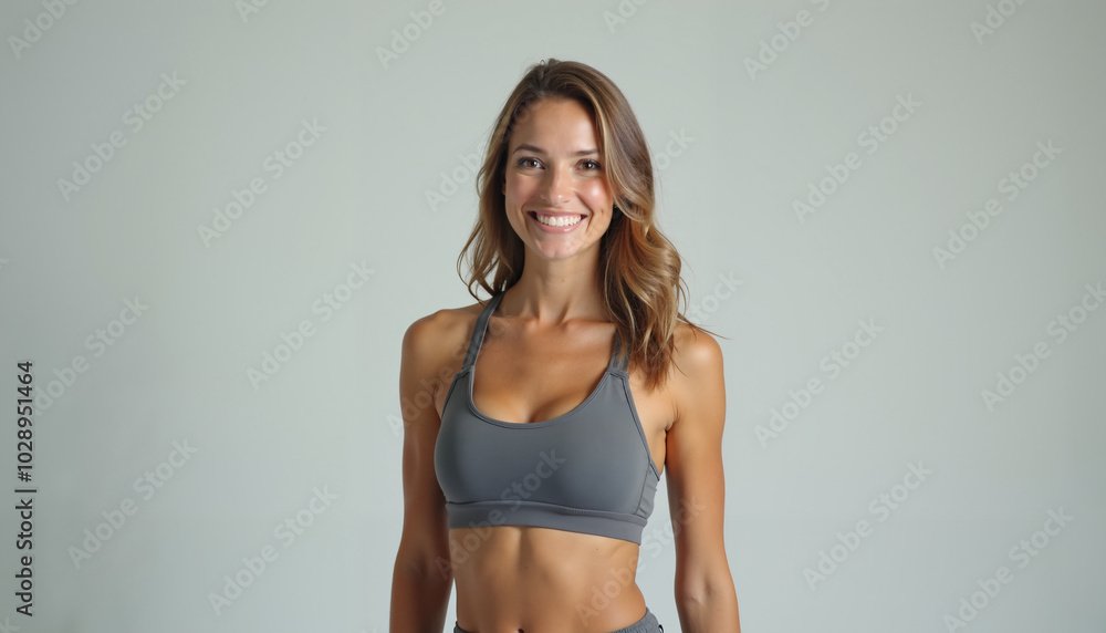 Naklejka premium Portrait of a fit and happy young woman in sportswear, smiling confidently against a light gray background.