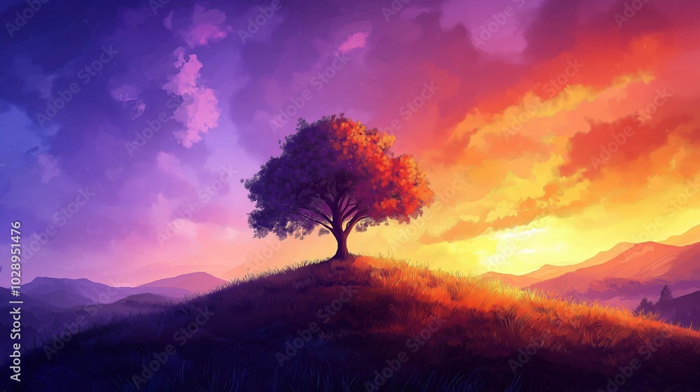 Lone tree on hill with colorful sunset sky Lone tree on hill with colorful sunset sky