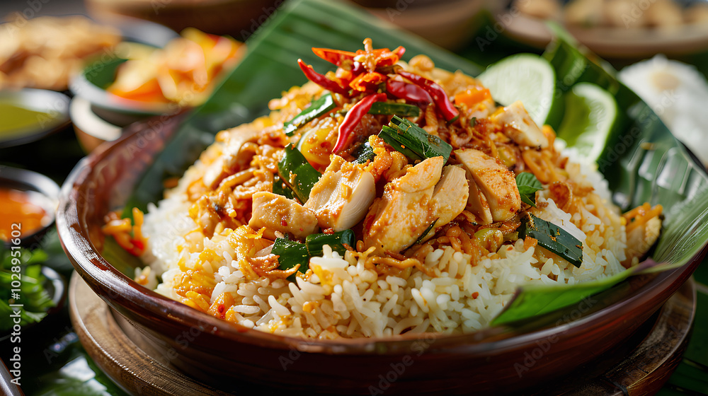 A close-up of a spicy chicken and rice dish served on a banana leaf. A close-up of a spicy chicken and rice dish served on a banana leaf.