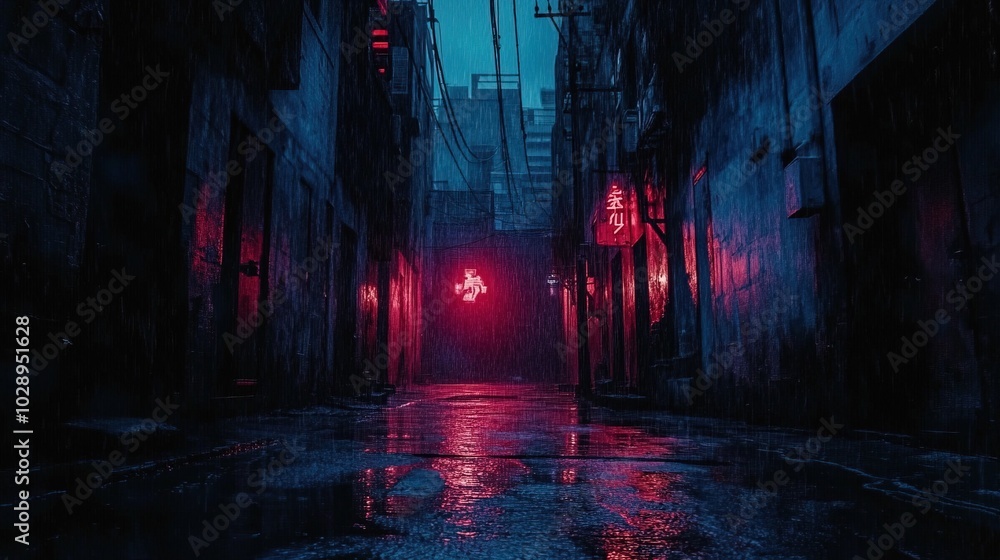 Fototapeta premium Dark street in cyberpunk city, gloomy alley with neon lighting