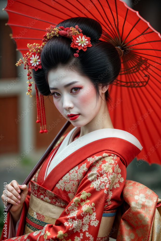 A woman in a traditional Asian costume with red and white, holding a red parasol. A woman in a traditional Asian costume with red and white, holding a red parasol.