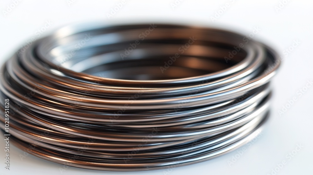 Close-up of shiny metallic wire coil on white background Close-up of shiny metallic wire coil on white background