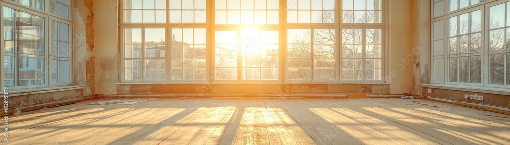 ** Sunlit Empty Room with Large Windows and Wooden Floor Overlooking Urban Landscape at Sunrise..**