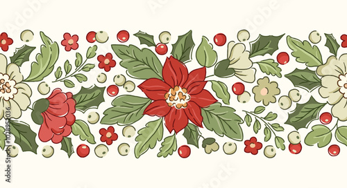 Nostalgic poinsettia and holly garland vector seamless horizontal border. Floral Christmas Pattern. Festive Victorian evergreen design with hand-drawn vintage winter holiday foliage and berries