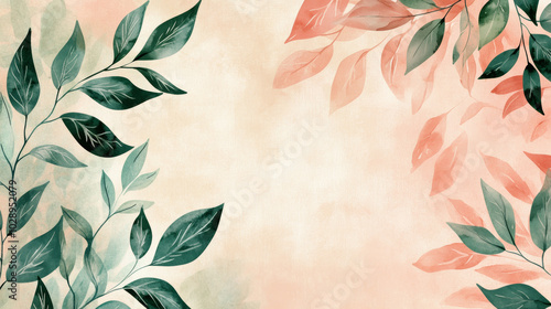 A botanical hand-drawn background featuring elegant leaf line art in watercolor, showcasing a harmonious blend of green and pink leaves and branches. 