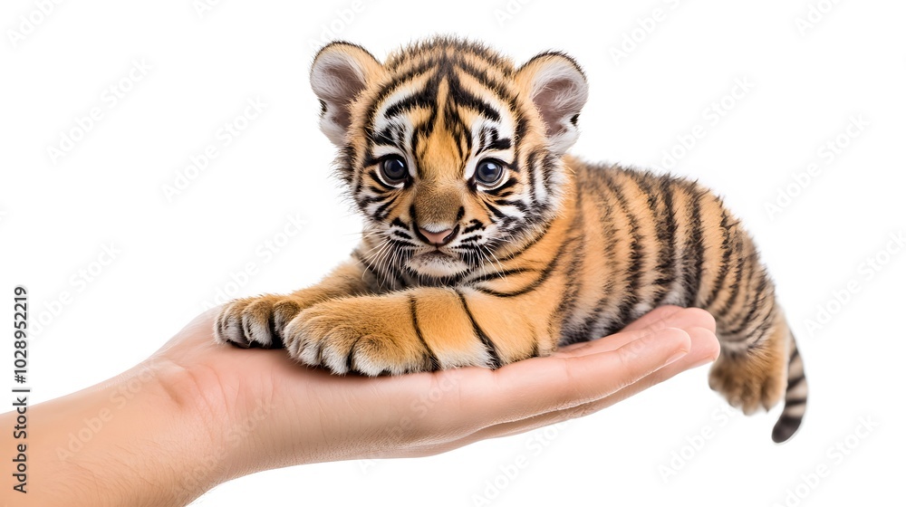Obraz premium Cute Miniature Tiger Cub in Palm and Fingertip, Photo Realistic, Texture, Pattern Background, Wallpaper, Cover and Screen for Smartphone, PC, Laptop, 9:16 and 16:9 Format
