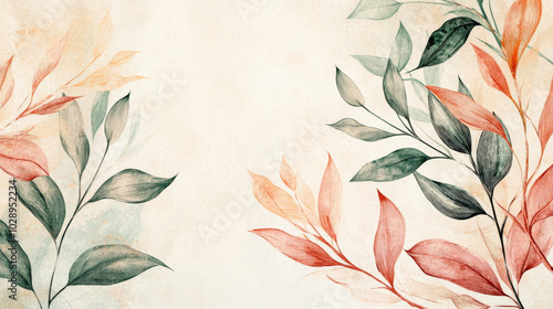 A botanical hand-drawn background featuring elegant leaf line art in watercolor, showcasing a harmonious blend of green and pink leaves and branches. 