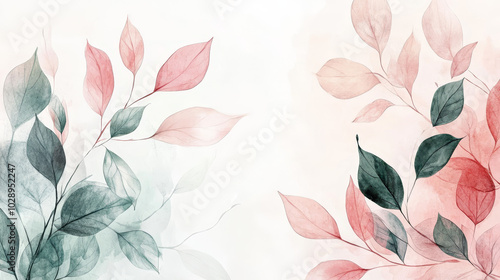 A botanical hand-drawn background featuring elegant leaf line art in watercolor, showcasing a harmonious blend of green and pink leaves and branches. 