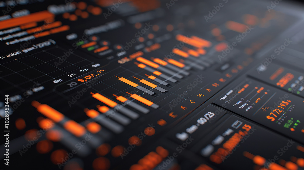Modern digital finance dashboard with futuristic graphs and data visualizations, showcasing financial metrics and trends in sleek, dark interface