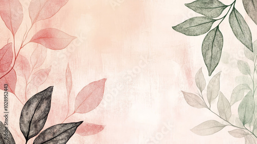 A botanical hand-drawn background featuring elegant leaf line art in watercolor, showcasing a harmonious blend of green and pink leaves and branches. 