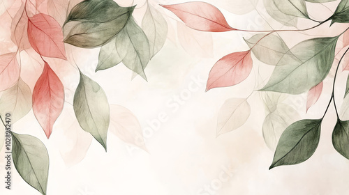 A botanical hand-drawn background featuring elegant leaf line art in watercolor, showcasing a harmonious blend of green and pink leaves and branches. 