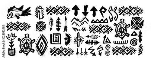 Set with african, aztec pattern  elements, symbols, icons, hand-drawn in doodle style. Set of abstract african tribal geometric shapes, ancient ethnic traditional symbols and ornate signs.