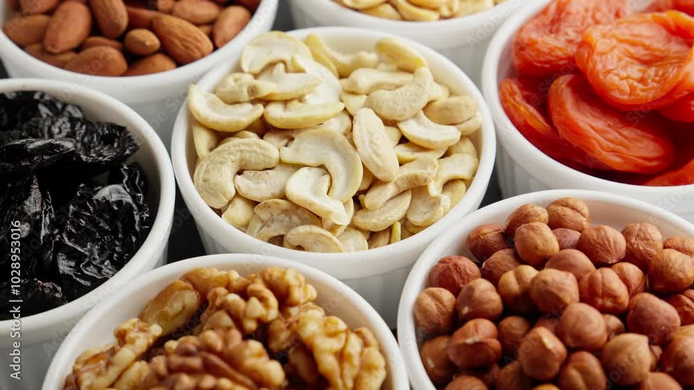 Different nuts and dried fruits in white bowls rotating. Natural food background. Vegetarian food concept. Healthy lifestyle. Cinematic footage. Close-up in 4K, UHD Different nuts and dried fruits in white bowls rotating. Natural food background. Vegetarian food concept. Healthy lifestyle. Cinematic footage. Close-up in 4K, UHD