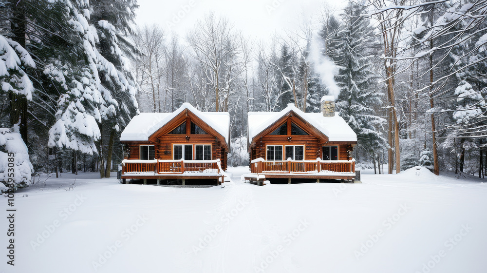 Cozy cabins nestled in snowy winter landscape, surrounded by tall trees and serene atmosphere. scene evokes sense of tranquility and warmth amidst cold Cozy cabins nestled in snowy winter landscape, surrounded by tall trees and serene atmosphere. scene evokes sense of tranquility and warmth amidst cold