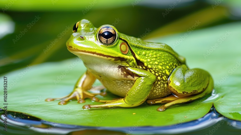 Frog Perched on Lily Pad in Tranquil Water Scene Frog Perched on Lily Pad in Tranquil Water Scene