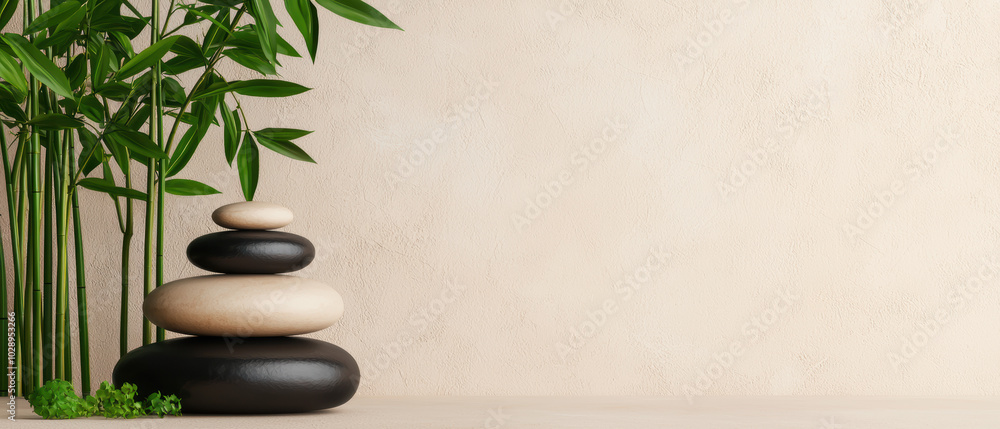 Zen garden with stacked stones and bamboo on a neutral background. Zen garden with stacked stones and bamboo on a neutral background.