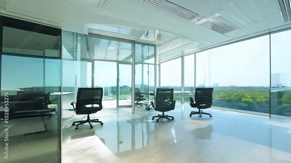 view of a empty modern office space with glass doors and windows, featuring natural light and bright colors., zoom in. 4K quality view of a empty modern office space with glass doors and windows, featuring natural light and bright colors., zoom in. 4K quality