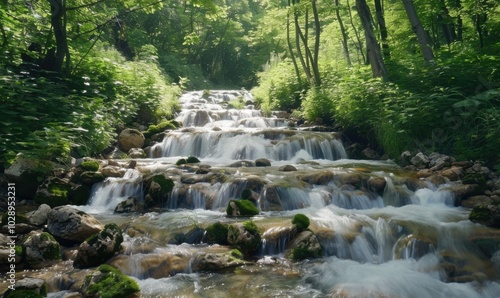 Mountain stream cascading over rocks in a lush green forest, 4K hyperrealistic photo