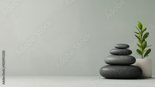 Zen stones and potted plant on a minimalist table, calm and tranquil atmosphere