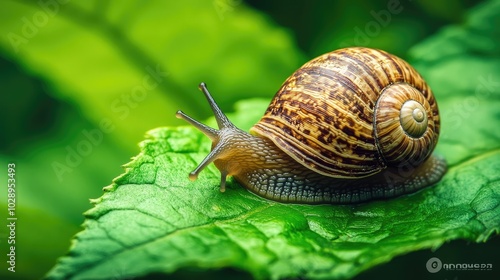 Snail Crawling Slowly on Green Leaf