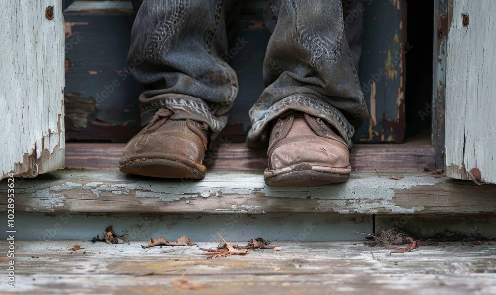 Elderly person's weathered feet resting on a worn doorstep, seasoned 4K hyperrealistic photo. Elderly person's weathered feet resting on a worn doorstep, seasoned 4K hyperrealistic photo.