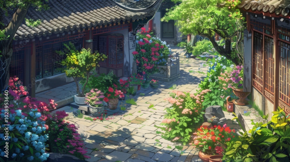 A serene courtyard with traditional architecture, vibrant red and pink flowers, and a large tree with red leaves. Sunlight filters through, creating a peaceful and picturesque scene. A serene courtyard with traditional architecture, vibrant red and pink flowers, and a large tree with red leaves. Sunlight filters through, creating a peaceful and picturesque scene.