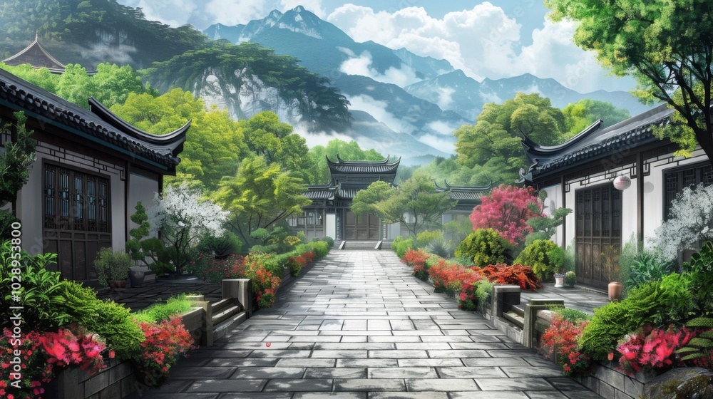 A serene courtyard with traditional architecture, vibrant red and pink flowers, and a large tree with red leaves. Sunlight filters through, creating a peaceful and picturesque scene. A serene courtyard with traditional architecture, vibrant red and pink flowers, and a large tree with red leaves. Sunlight filters through, creating a peaceful and picturesque scene.