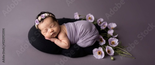 Newborn baby sleeping peacefully beside white flowers photo