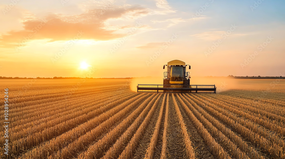 Fototapeta premium A combine harvester working in a golden wheat field at sunset, showcasing modern agriculture and labor in a picturesque rural landscape.