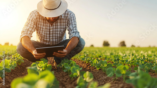 A farmer crouching in a vibrant green field, using a tablet to monitor crop growth. The golden sunlight creates a serene agricultural atmosphere. photo