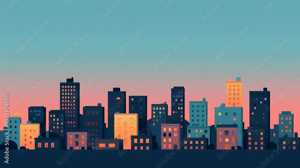 Obraz premium Day and Night Urban Scene: From the room window, see a stunning cityscape with detailed buildings. The modern city's allure is captivating, glowing both day and night. High resolution Illustration,