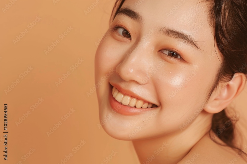 Obraz premium A woman with a bright smile is looking at the camera. She has a light skin tone and is wearing a ponytail