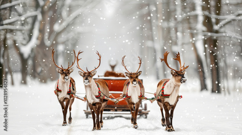 Reindeer pulling sleigh in snowy landscape creates magical winter scene filled with joy and wonder. snowflakes add to enchanting atmosphere