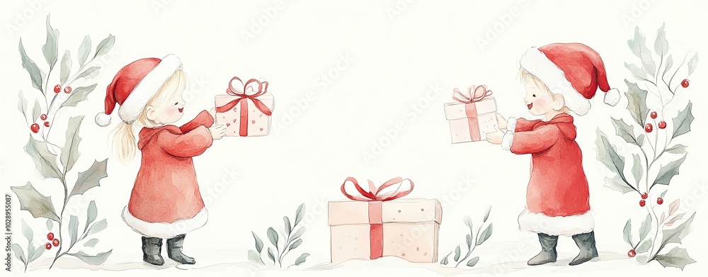 Christmas morning, kids with gifts, excitement and joy, watercolor style Christmas morning, kids with gifts, excitement and joy, watercolor style