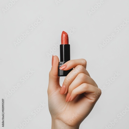 female hand holding lipstick against white background