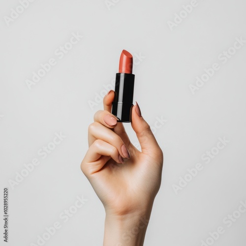 female hand holding lipstick against white background 