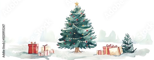 Christmas tree, surrounded by gifts, festive lights, watercolor style