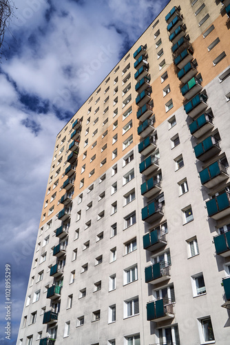 The facade  with balconies of a residential high-rise building in Poznan