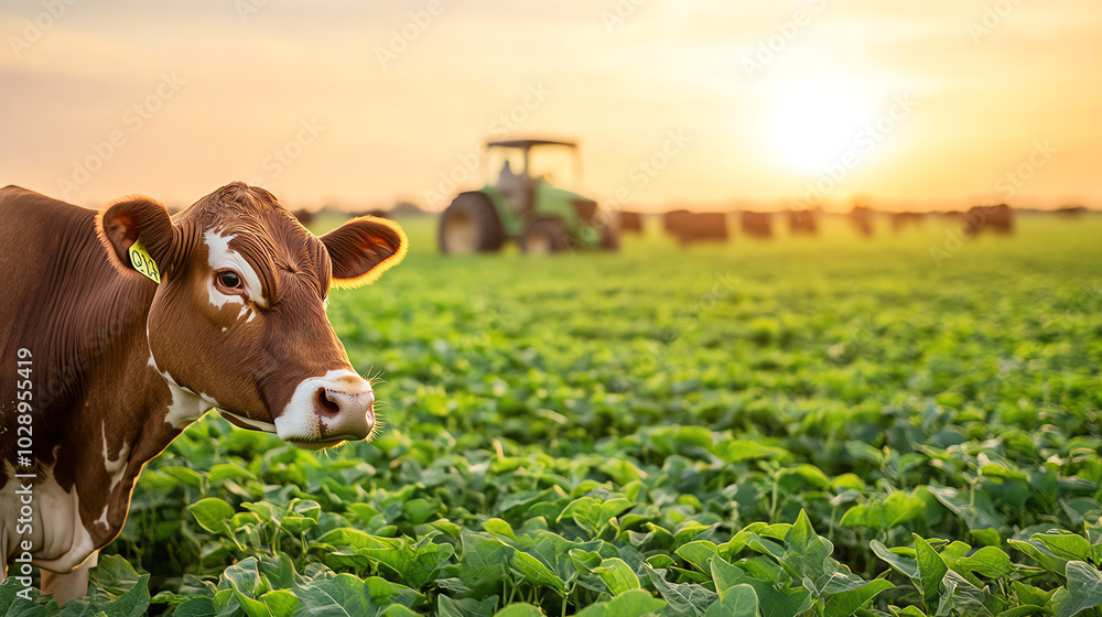 A serene cow grazing in a lush green field during sunset, with a tractor visible in the background, embodying the tranquility of rural life and agriculture.