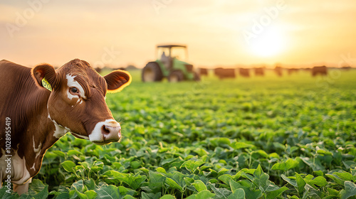 Obraz na płótnie A serene cow grazing in a lush green field during sunset, with a tractor visible in the background, embodying the tranquility of rural life and agriculture. w salonie