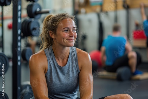 A joyful woman sits in a gym, smiling warmly after an intense workout session, surrounded by weights and fitness enthusiasts, showcasing dedication to health.