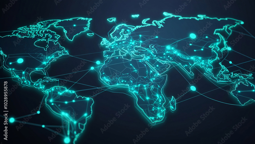 Abstract world map concept of global network and connectivity international data transfer, Global Communication Network Abstract world map concept of global network and connectivity international data transfer, Global Communication Network