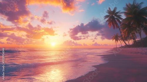 A sunset over a tropical beach, with palm trees silhouetted against the vibrant sky and waves gently lapping at the shore