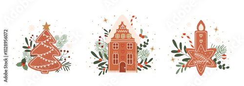 Christmas cartoon Gingerbread cookies set. Collection of xmas winter baked gingerbread figures decorated fir tree branches vector illustration isolated on white. Hand drawn food illustration