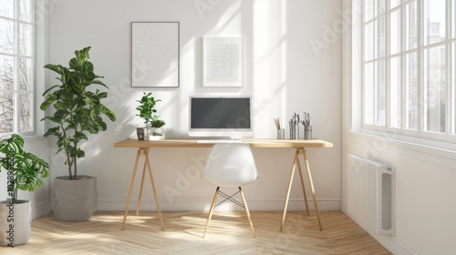 A Scandinavian minimalist workspace with a simple desk, light wood accents, and plenty of natural light