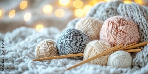 Cozy still life featuring neutral yarn and wooden knitting needles on a bed, embodying relaxation and the handmade craft lifestyle in winter. Hygge concept photo